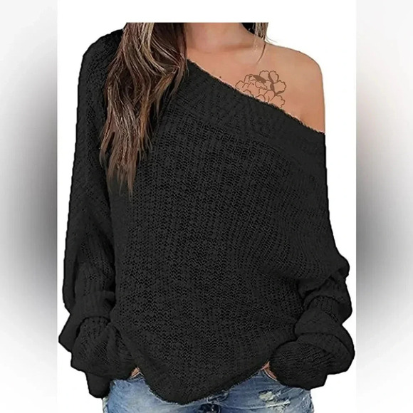 EXLURA BATWING OFF THE SHOULDER OVERSIZED PULL OVER KNIT SWEATER IN GREY O/S - Picture 5 of 16